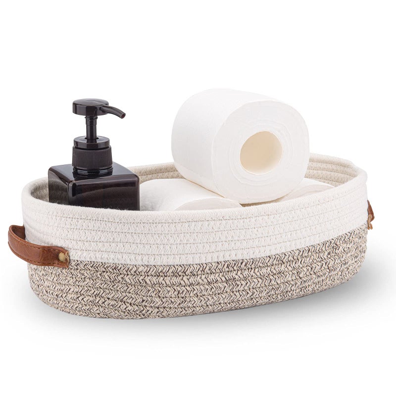 Oradrem Woven Storage Basket for Toilet Tank Top Farmhouse Home Decor Organizing Basket for Bathroom Table and Counter 13""x5.9""x4"" Apricot Stitching White - Image 1